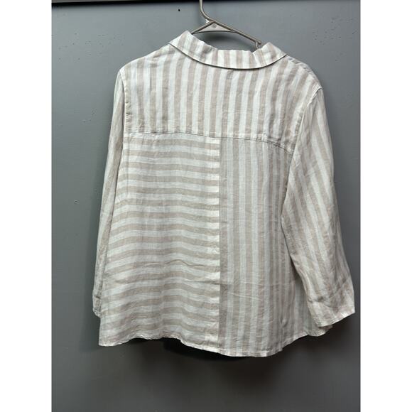 St. Tropez West Shirt Womens Small Beige White Stripe Linen Button Up Blouse - Picture 6 of 8